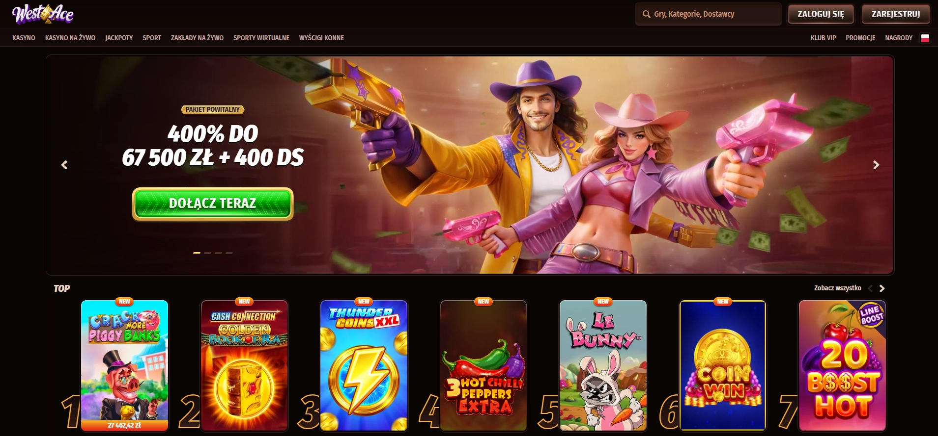 West Ace Casino najlepsze gry casino – bonus 400% i 67500 zł 2026